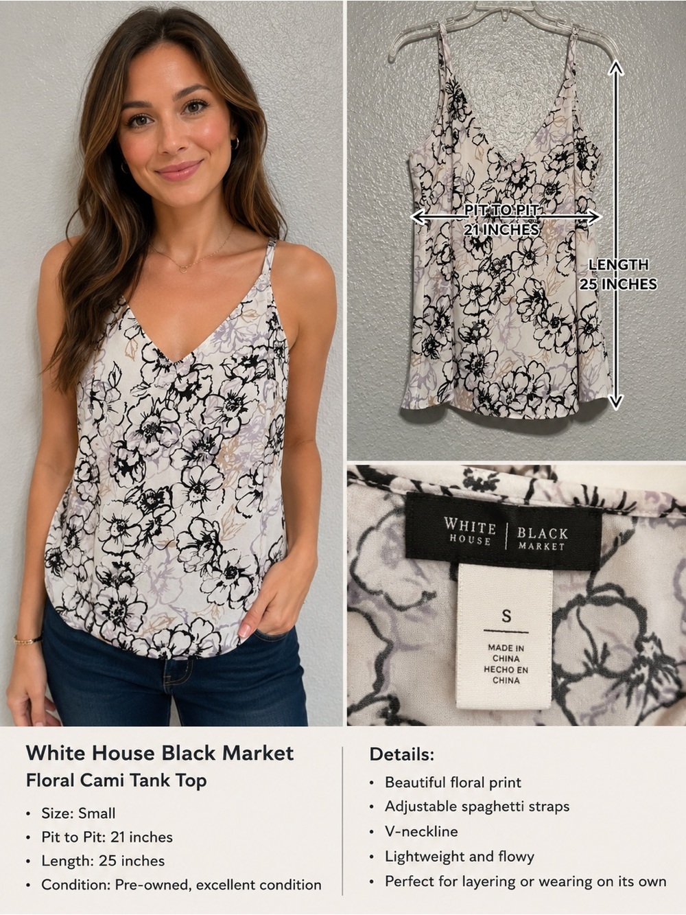 White House Black Market White Floral V-Neck Cami Size S
